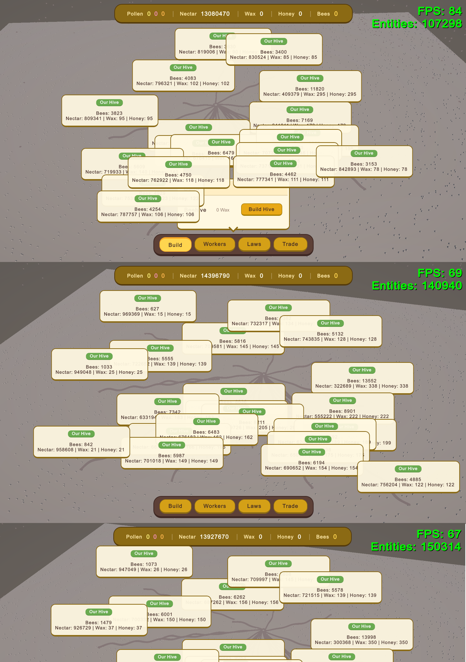 Bee colony simulation interface with more than 100,000 entities.